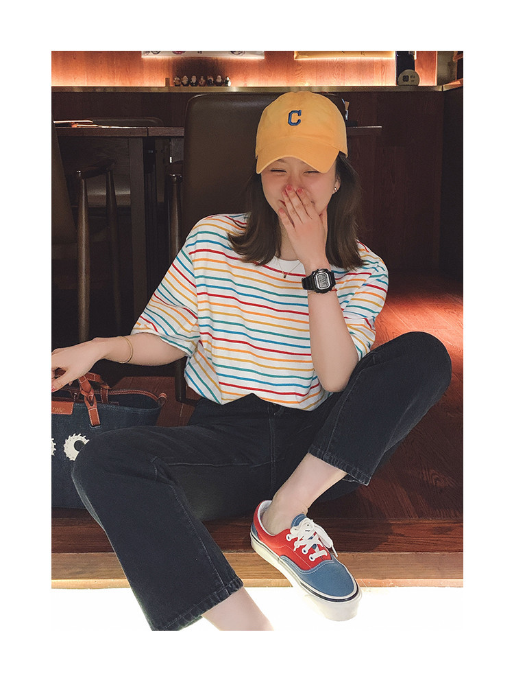 莉贝琳t恤夏季新款减龄韩版宽松q棉圆领显瘦彩色条纹短袖t上衣女