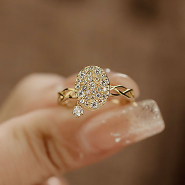 s925银镀14k金个性满天星戒指女 群镶锆石椭圆牌食指戒麻花细指环