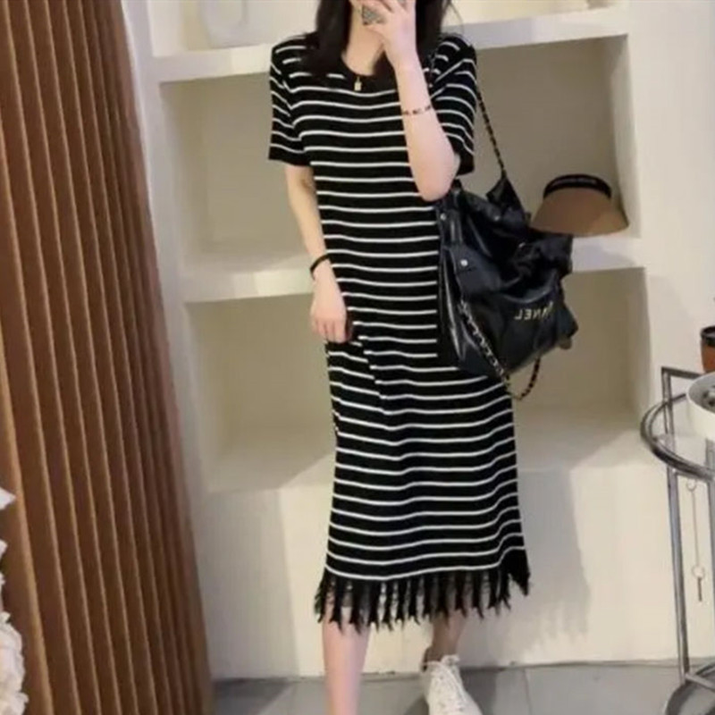 Summer Slimming Short Sleeve Tassel Edge Inner Dress 2023 New L Fashion All-Match Striped Knitted Dress