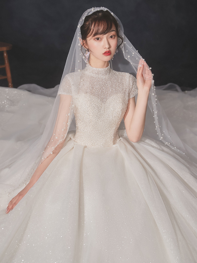 主婚纱2022新款新娘重工大拖尾气质星空复古森系遮粗手臂结婚婚纱