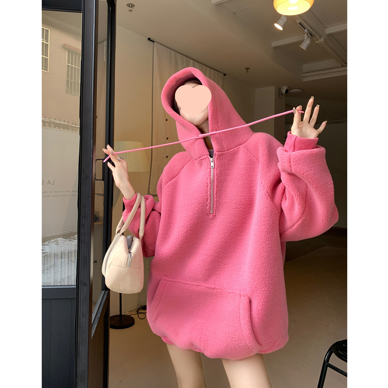 半拉链连帽粉色卫衣女秋冬季加绒加厚宽松慵懒风套头保暖毛绒外套