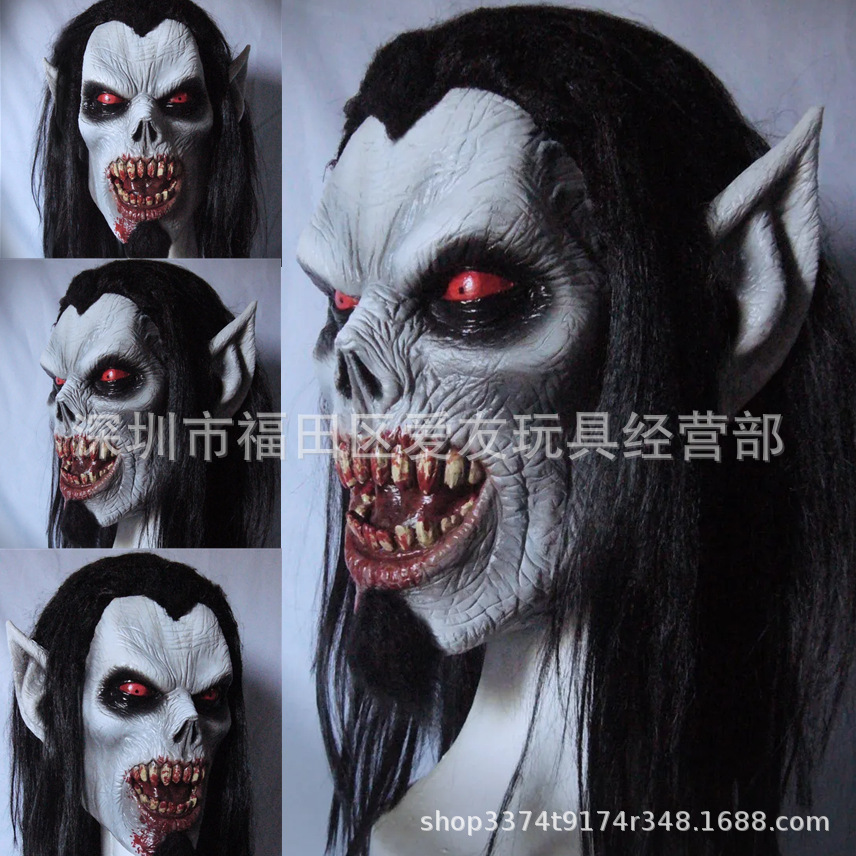 厂家批发跨境新款万圣节恐怖面具尖耳朵恶魔怪物长发红眼僵尸头套