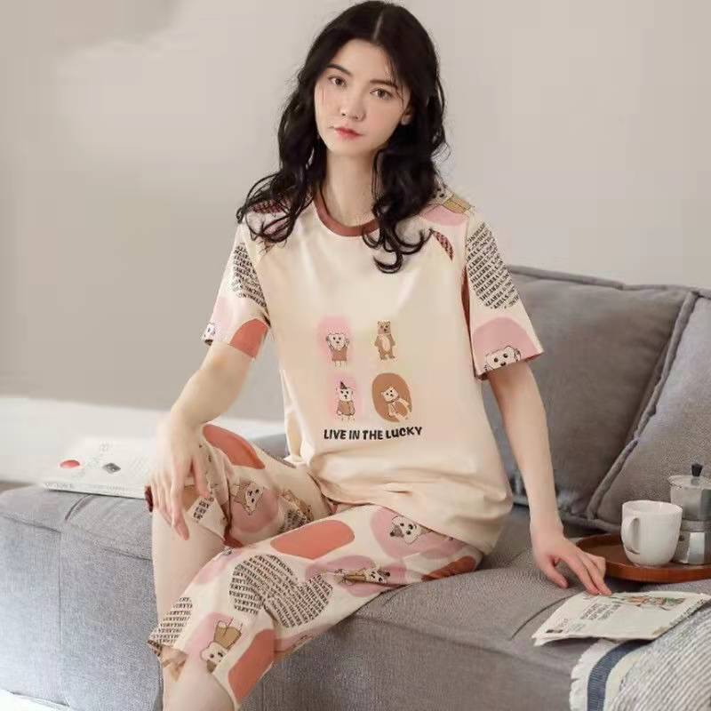 Cross-Border Wholesale Short Sleeve Pajamas Women's Summer Suit Korean-Style Cute Extra Large Size Soft Spring and Summer Pajamas Two-Piece Suit