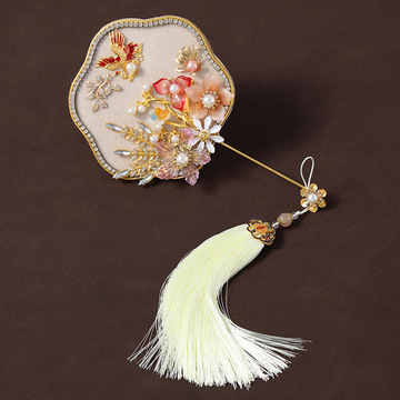 迷你小团扇珍珠花朵新娘中式秀禾结婚巴掌扇晨袍古风手持道具配件