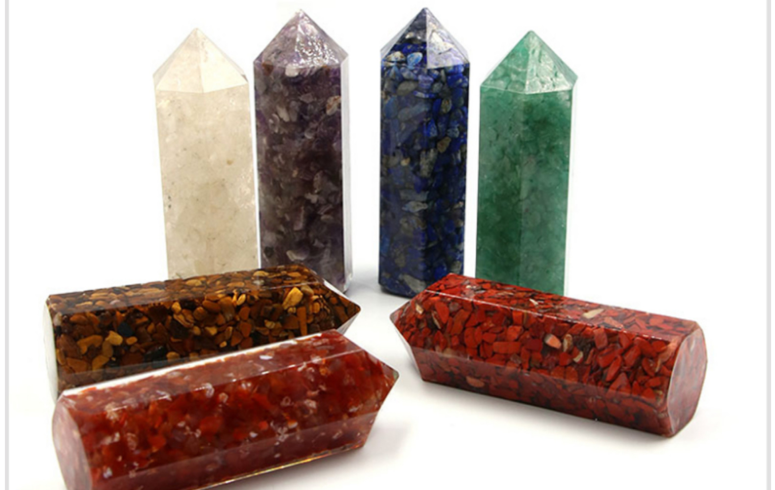 天然水晶玉石碎石六角柱摆件 六棱柱树脂七彩石 桌面装饰 跨境