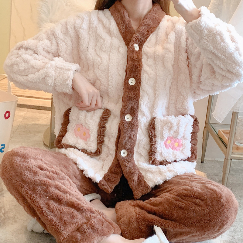 法兰绒睡衣女冬季长袖珊瑚绒加厚可爱开衫甜美韩版保暖套装家居服