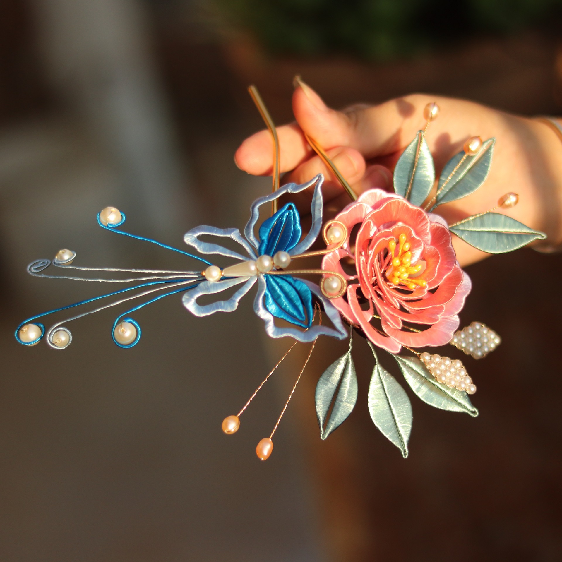 描金边牡丹花缠花明制汉服头饰发冠旗袍发饰成品蝴蝶凤尾蝶发钗