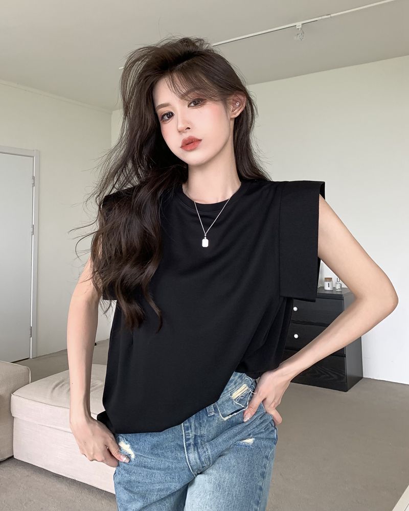 港味纯色直角方肩无袖t恤女夏季宽松显瘦设计感百搭短