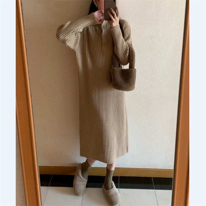 Korean Style Stand-up Collar Thick Sunken Stripe Inner Knitted Dress for Women 2023 Autumn and Winter Warm Mid-Length Pullover Woolen Skirt