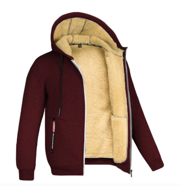 Cross-Border Lambswool Men's Sweater Autumn and Winter Fleece-lined Thickened Hooded Sportswear Casual Cardigan Warm Coat