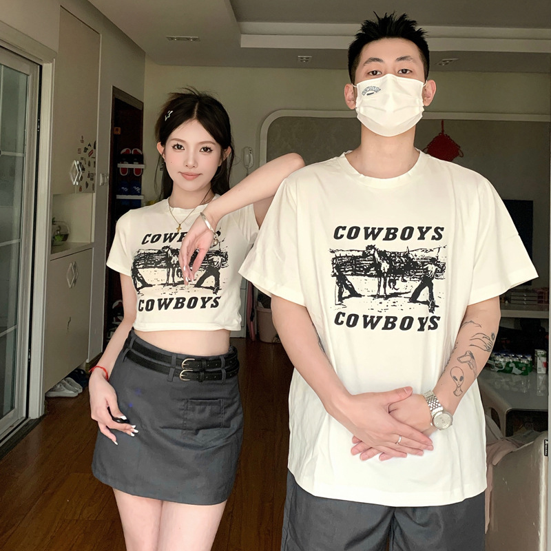 2023夏季潮牌情侣装短袖一长一短美式辣妹夏季套装潮牌印花t恤