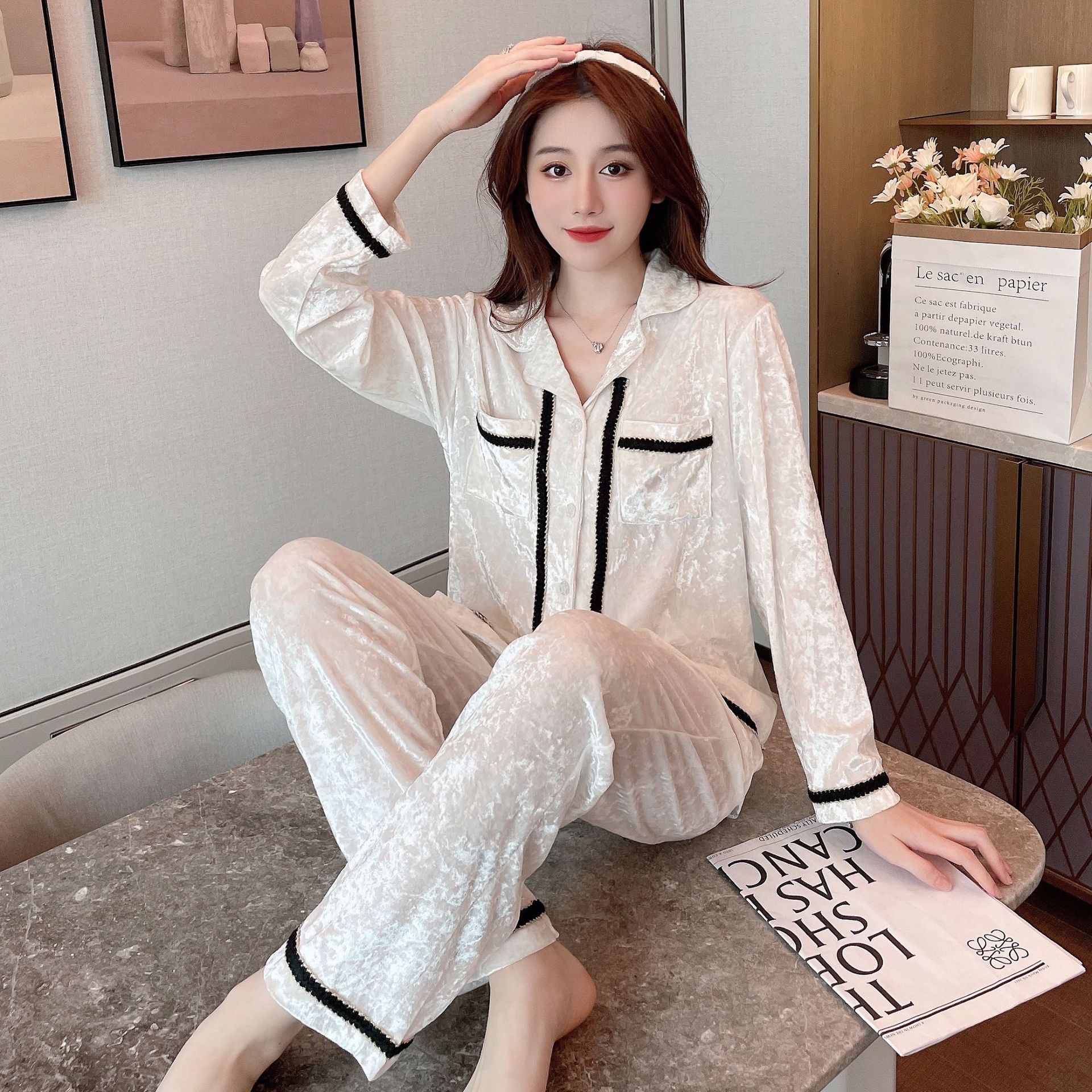 金丝绒长袖睡衣女春秋冬法式小香风气质名媛高级感时尚家居服套装