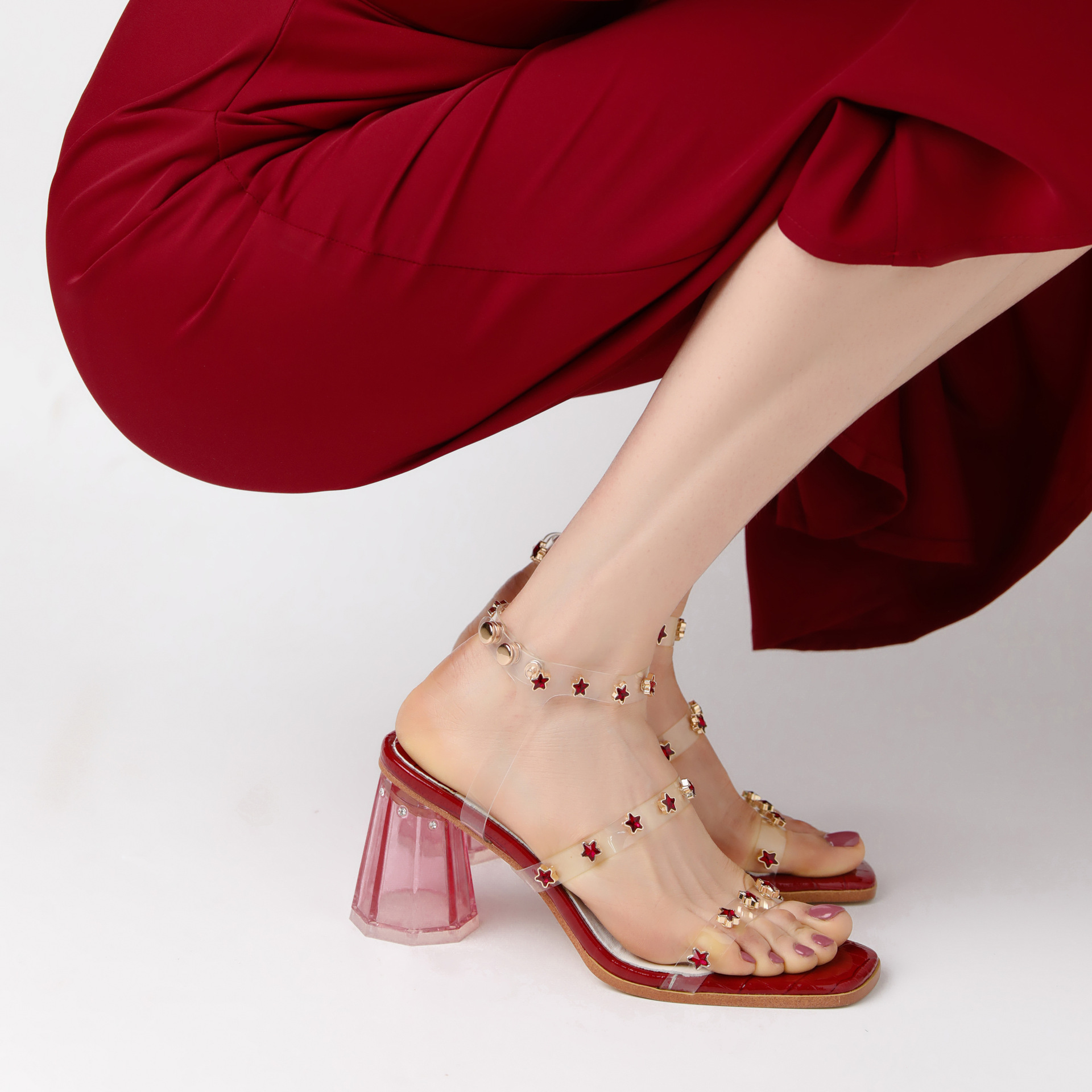 bling上头~水晶凉鞋pvc透明星星钻高跟鞋粗跟仙女粉色水钻女鞋夏