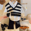 New products girl stripe V-Neck knitting waistcoat Lapel Long sleeve shirt Two piece set 2023 spring clothes spring and autumn suit