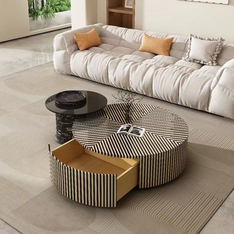 奶油风斑马纹圆形茶几钢化玻璃轻奢网红创意意式简约整装设计客厅