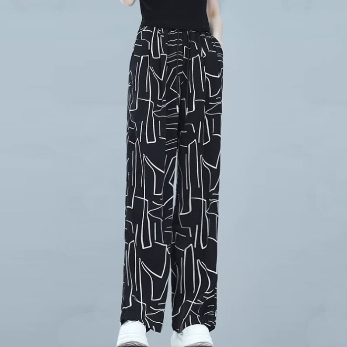 Middle-Aged Mom Pants Drooping Straight Pants Quick-Drying Ice Silk Summer Thin Loose Chiffon Casual Fat People Flower Pants