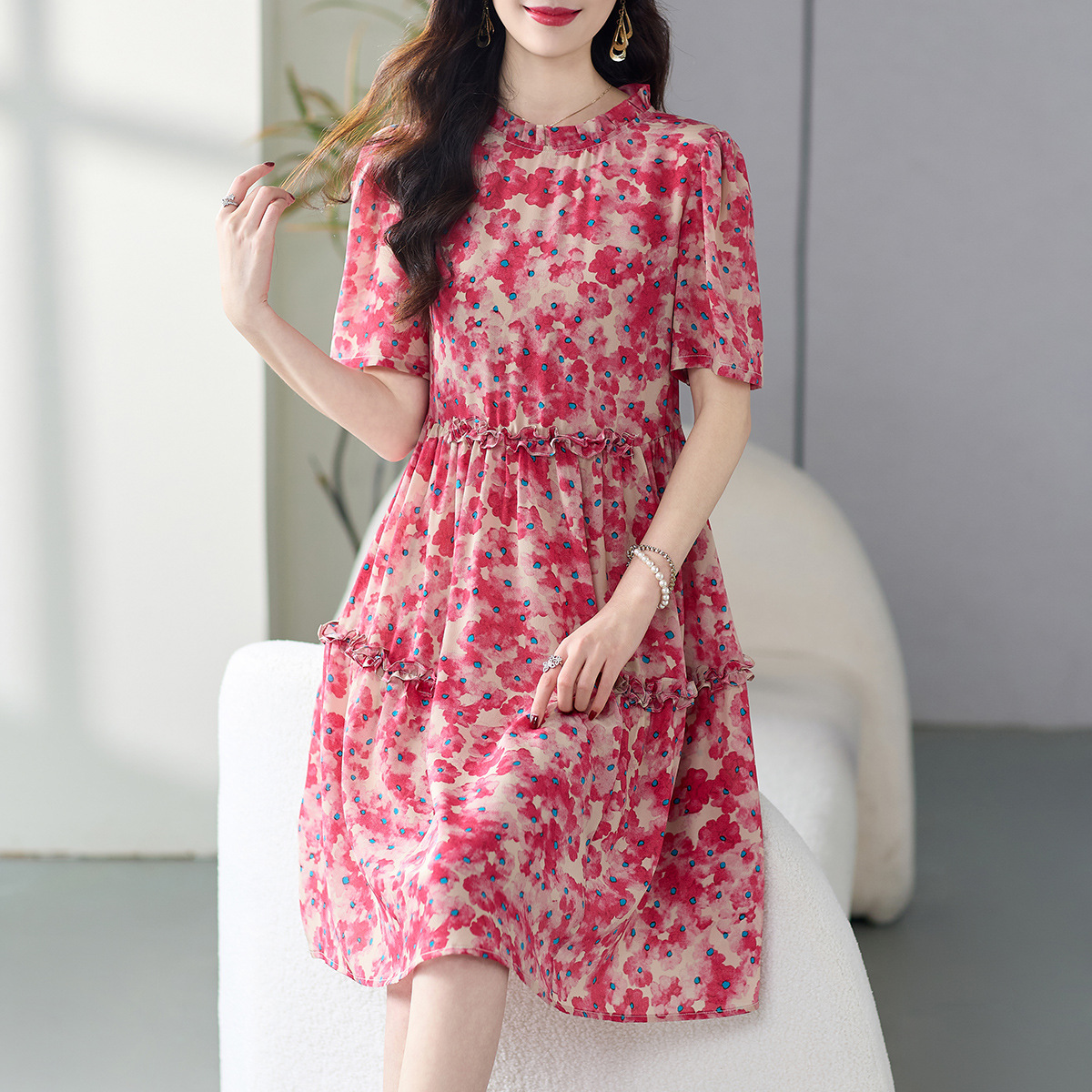 69439深圳南油夏季女装桑蚕丝碎花裙子真丝大码连衣裙夏女小个子