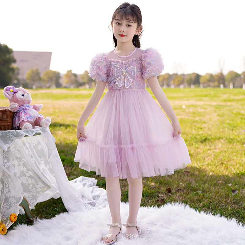 女童连衣裙夏季2022新款洋气儿童花瓣公主裙小女孩泡泡袖网纱裙子