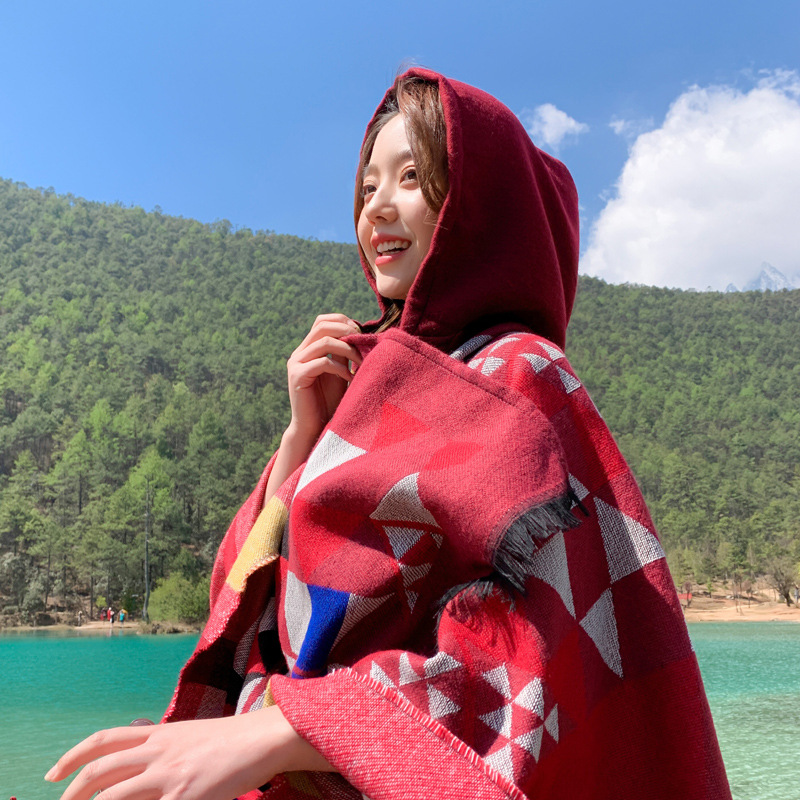 Travel Scarf Dual-Use Tassel Edge Ethnic Style Summer Air-Conditioned Room Hoodie Cloak Triangle Combination Cashmere Shawl