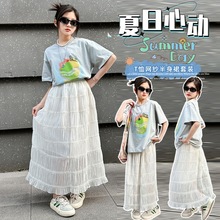 女孩夏款套装2024新款韩版雪纺压褶时尚大童洋气半身裙子两件套潮