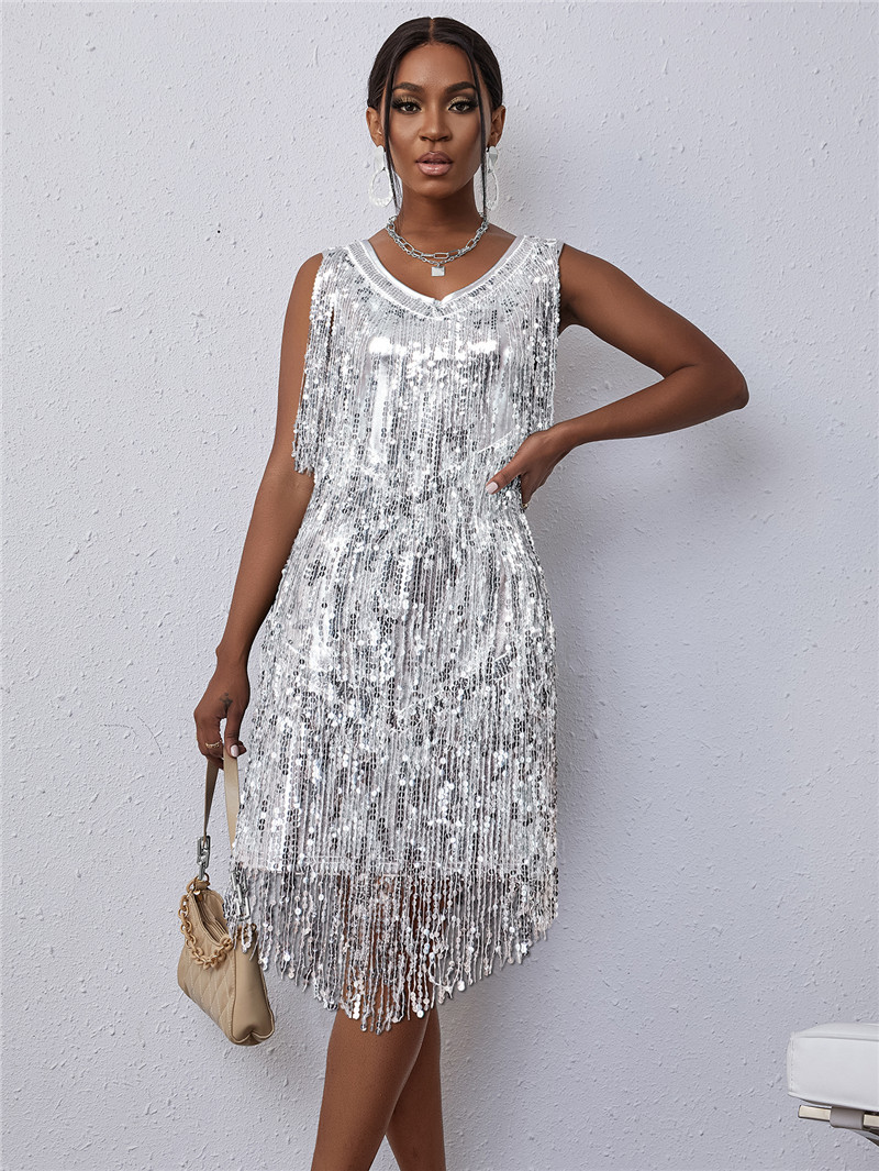 2021亚马孙跨镜欧美夜店亮片流苏气质连衣裙女舞蹈演出服装hd8212