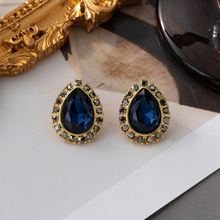 韩版气质时尚耳环蓝色玻璃宝石耳钉复古小众设计感水钻耳饰女批发