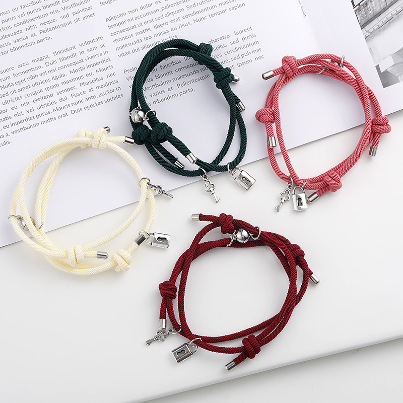 new key and lock matching red rope bracelet a pair of magnet silver girlfriend gifts braided rope jewelry qixi