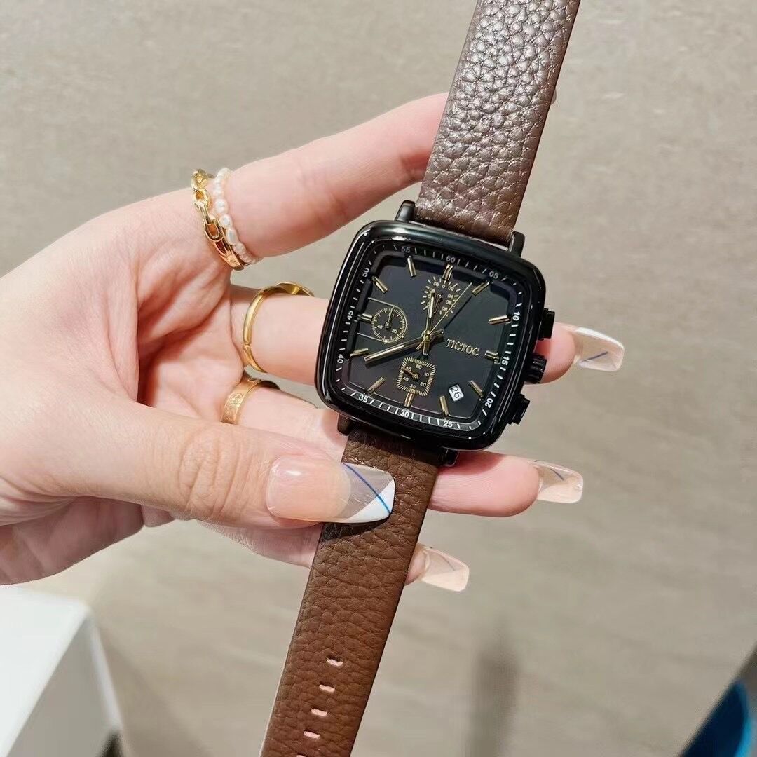 tt方形手表三眼6针带日历防水学生休闲时尚潮流运动女士女表皮带