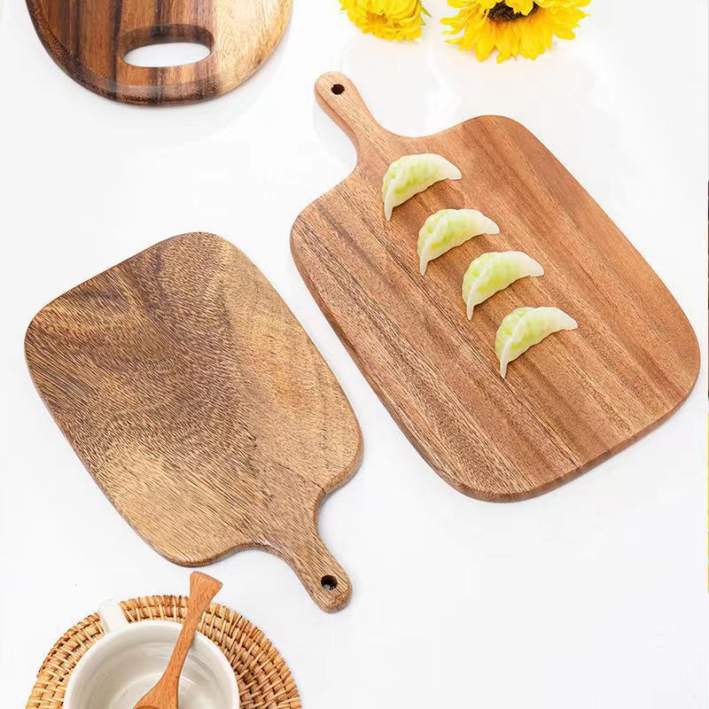 Solid Wood Pizza Tray Japanese Fruit Bread Plate Household round Handle Hanging Acacia Mangium Chopping Board Chopping Board