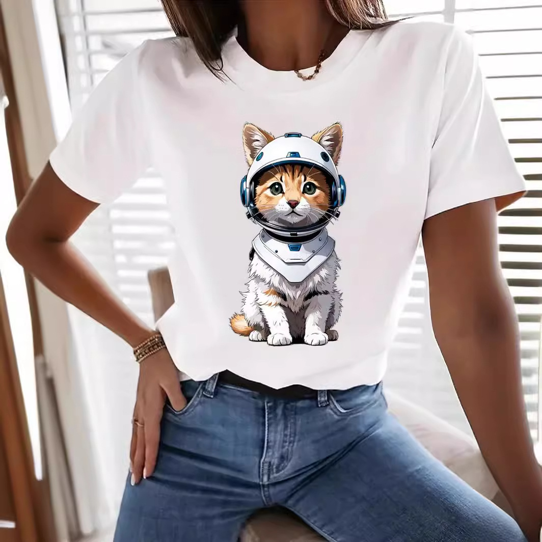 跨境印花可爱圆领休闲猫咪新款女装欧美批发temu过审独立站-阿里巴巴