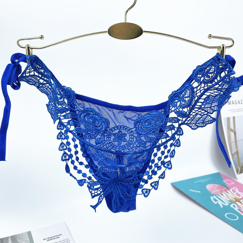 性感系带开档丁字裤t裤女士内裤透明 低腰大码情趣蕾丝边绑带内裤