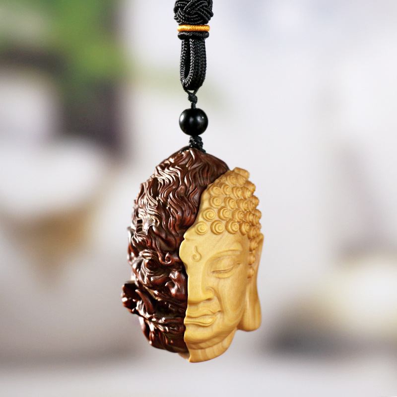 黄杨木雕佛魔一念之间把玩件手把件男士木质随身人物中式汽车挂件