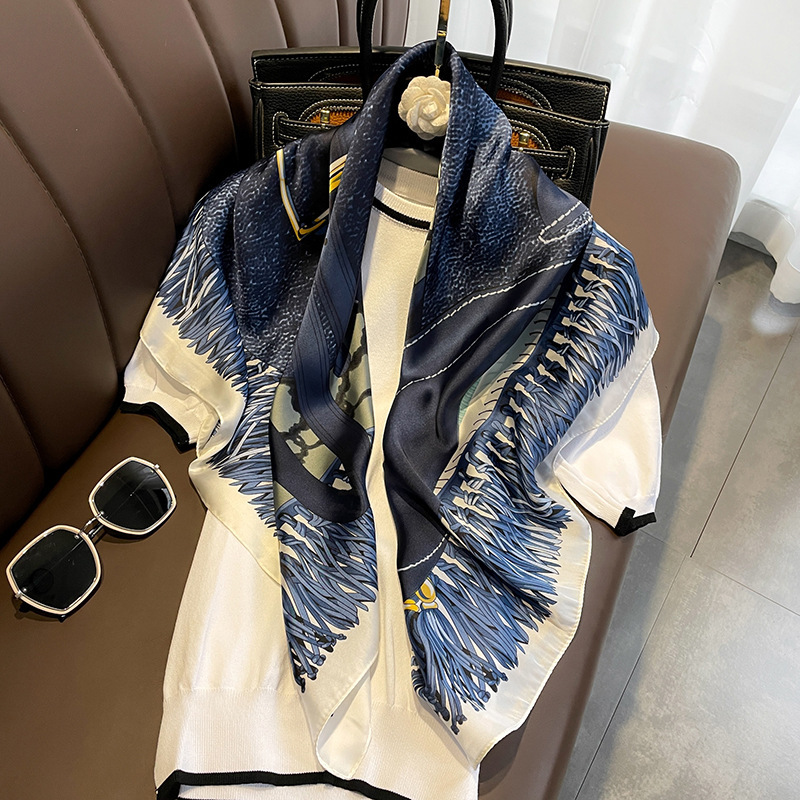 Korean Style Blue and White Denim Bag Tassel Pendant Pillow Pattern 90 Shawl Silk Scarf Outer Shawl Suit Matching Fashion