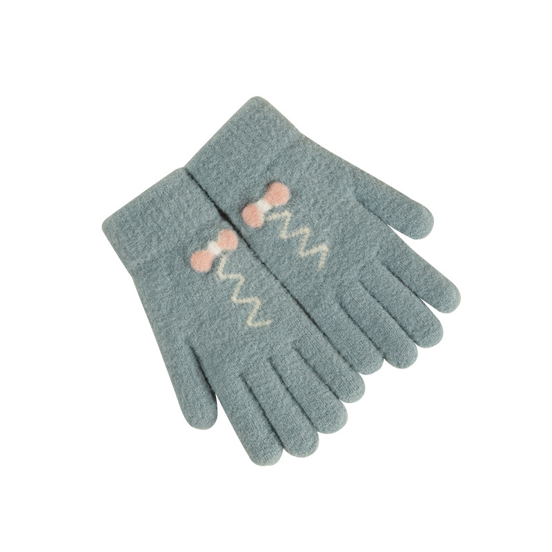 雪花秀女士手套冬季保暖针织提花拼色五指手套玩手机触屏分指手套