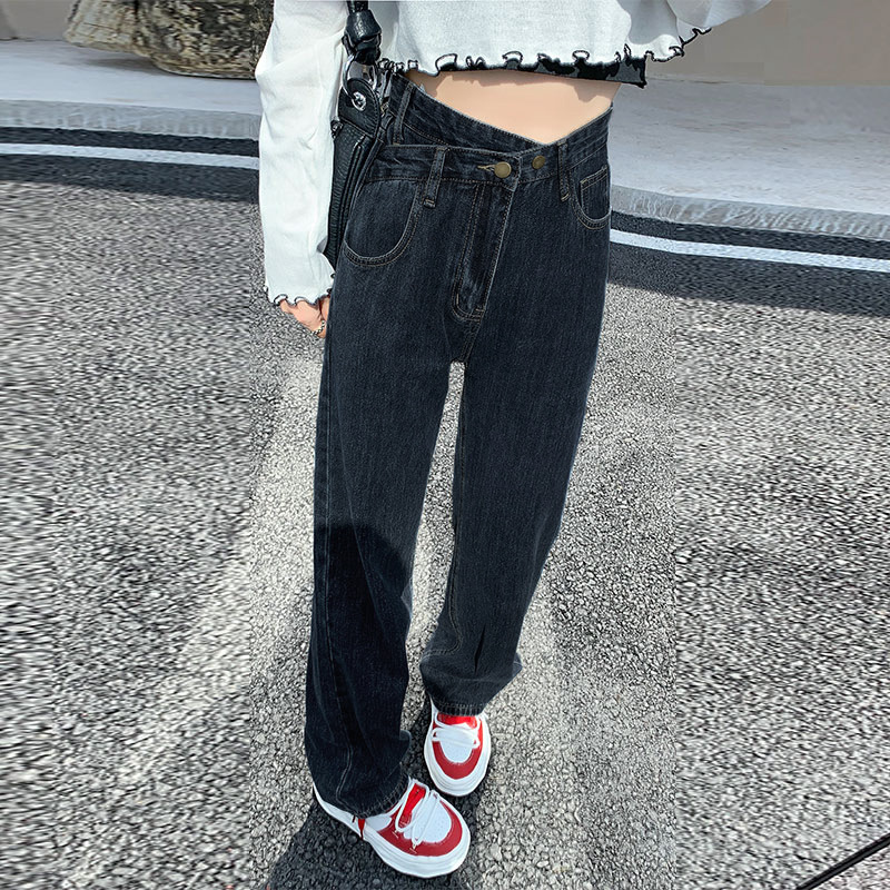   Irregular Design High Waist Wide eg Jeans Women Straight oose Autumn and Winter Slimming Draping Mopping Pants High Street Ins