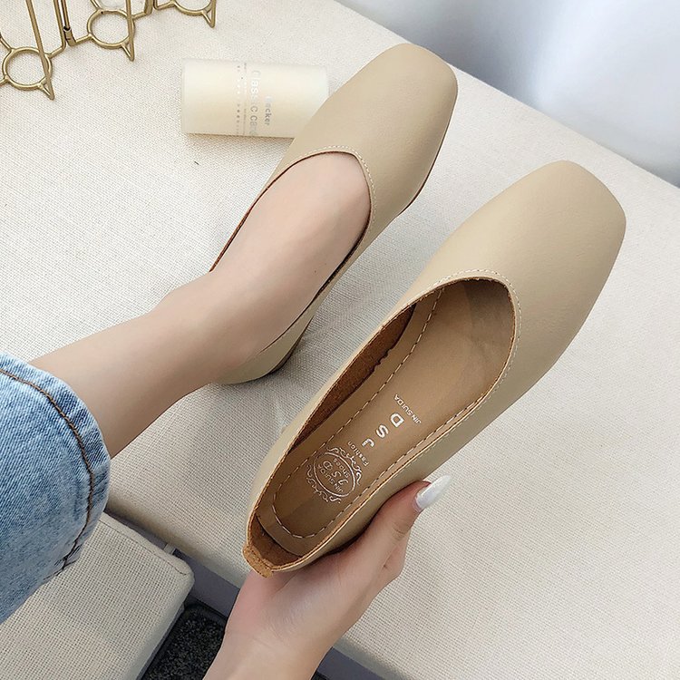 2023 Spring New Square Toe Low-Cut Chunky Heel Pumps Low Heel Leather Women's Shoes Soft Leather Black Work Shoes Wholesale