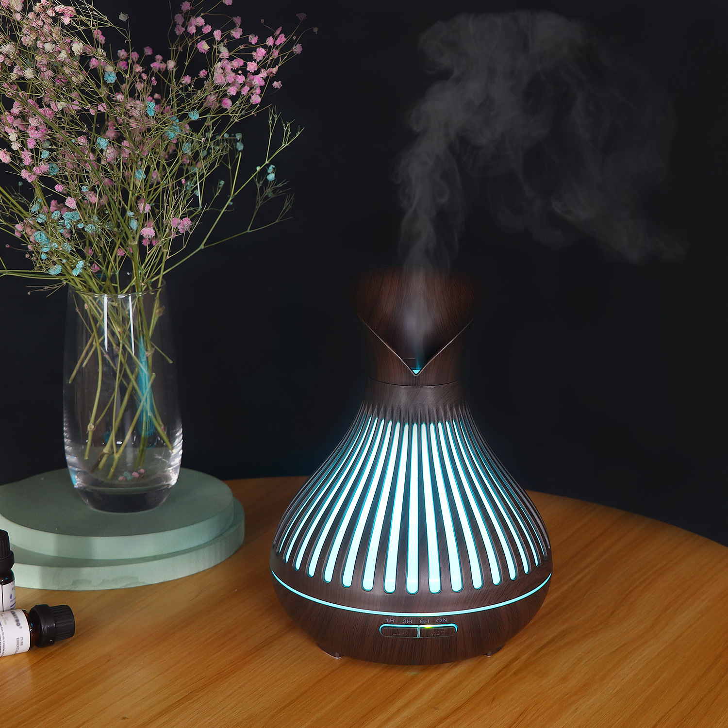 2021新款aroma diffuser 500ml木纹香薰加湿器家用镂空花瓣香薰机