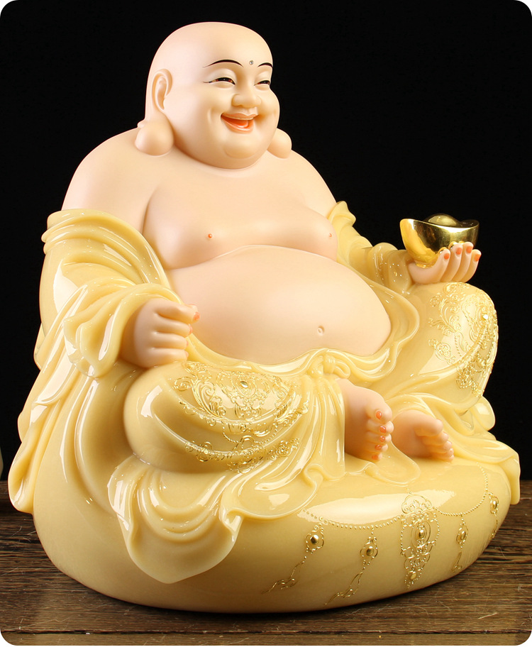 汉白玉笑佛像大肚弥勒佛像黄玉家用客厅居家供奉大号招财祝福摆件