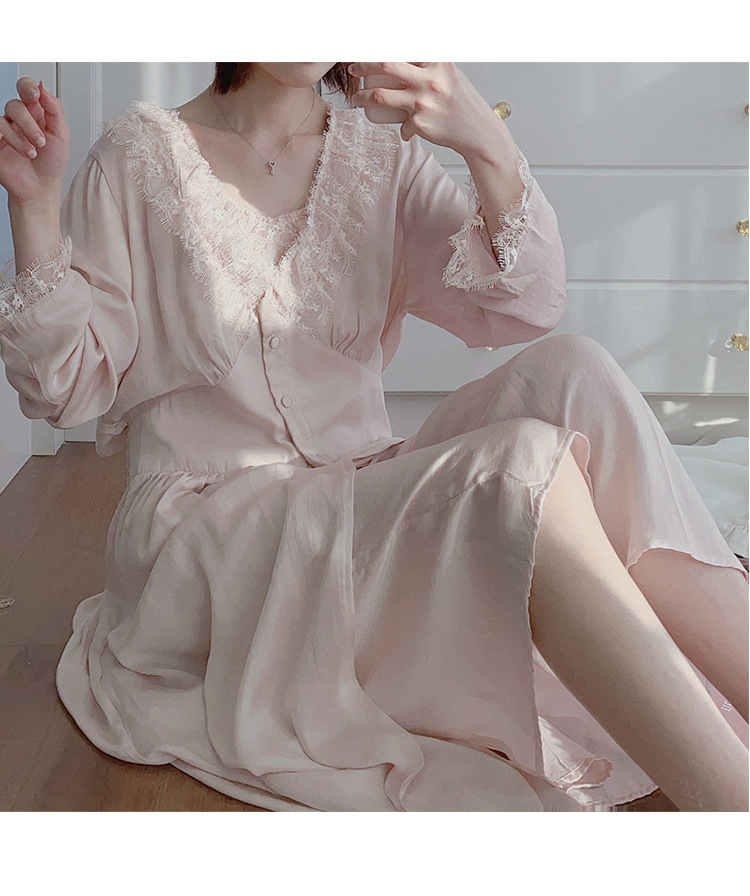 蕾丝吊带睡裙两件套性感睡衣春夏家居服裙子蕾丝贡缎长款