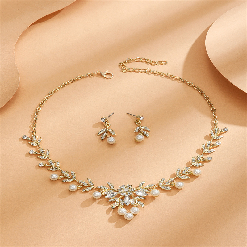 Plaid Diamond Korean Rhinestone White Double Layer Pearl Water Wave Chain Cross Earrings