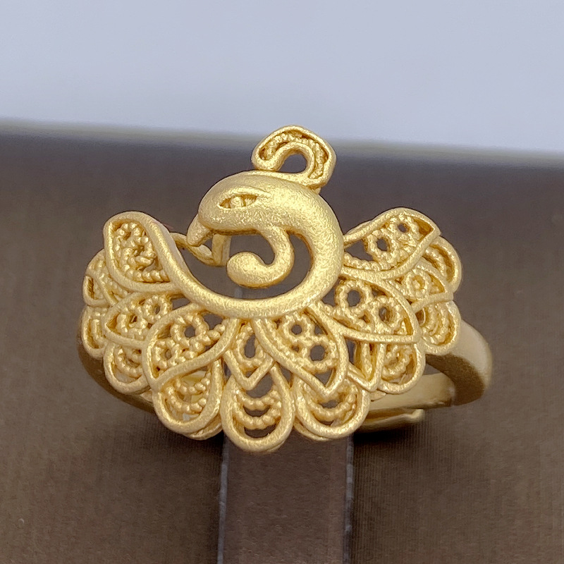 镂空凤尾戒指 越南沙金镀黄金典雅民族风动物孔雀开屏开口指环女