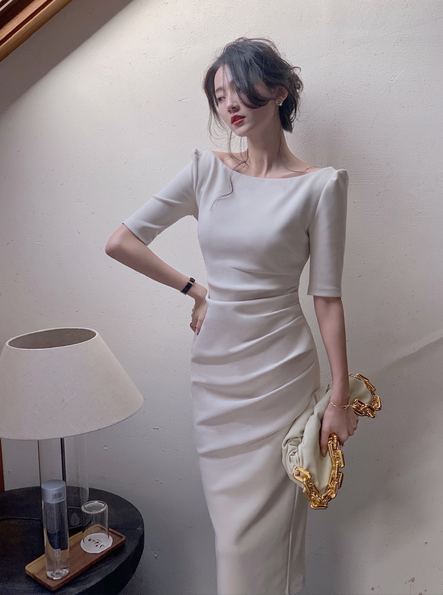 法式侧开叉显瘦连衣裙高级感2022新款夏季女装气质收腰一字肩长裙