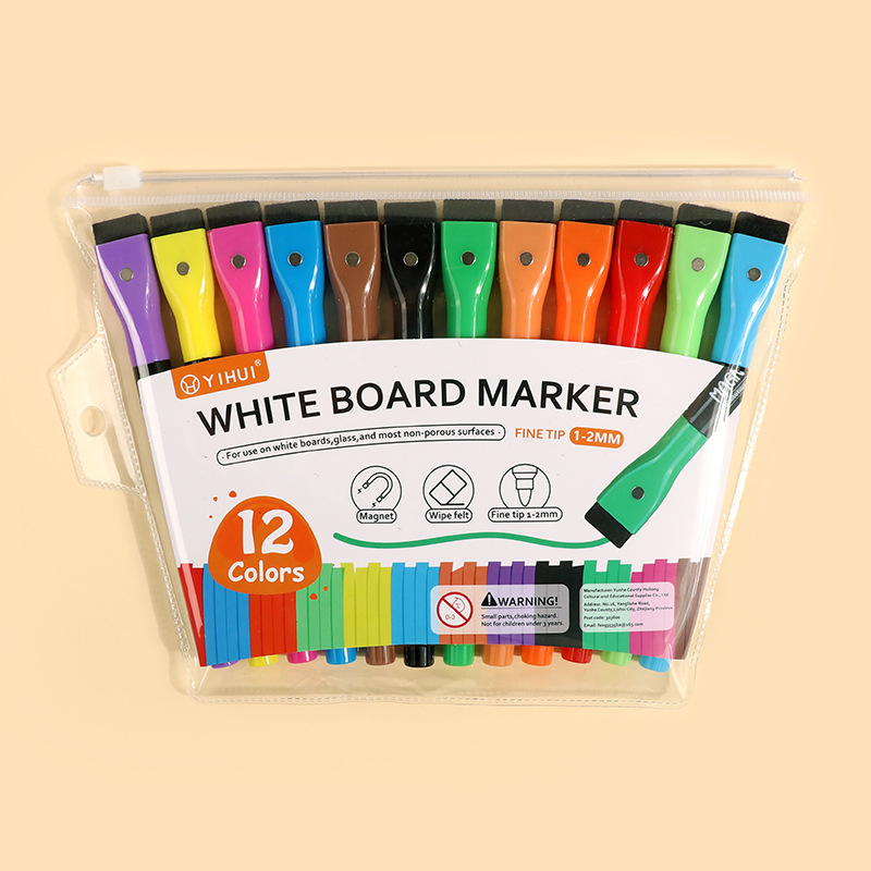 Yihui Whiteboard Marker Children's Magnetic Fine Head Color Painting Marking Pen Water-Based Erasable Pen 12 Colors Suit Wholesale