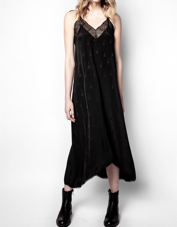 法国轻奢z家吉他提花真丝连衣裙 巨美蕾丝边黑色桑波缎吊带长裙