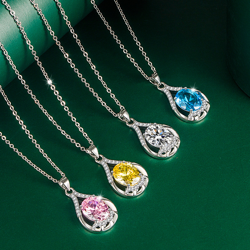 抖音直播彩钻吊坠时尚简约水滴项链镶嵌椭圆蓝宝石彩宝吊坠首饰品