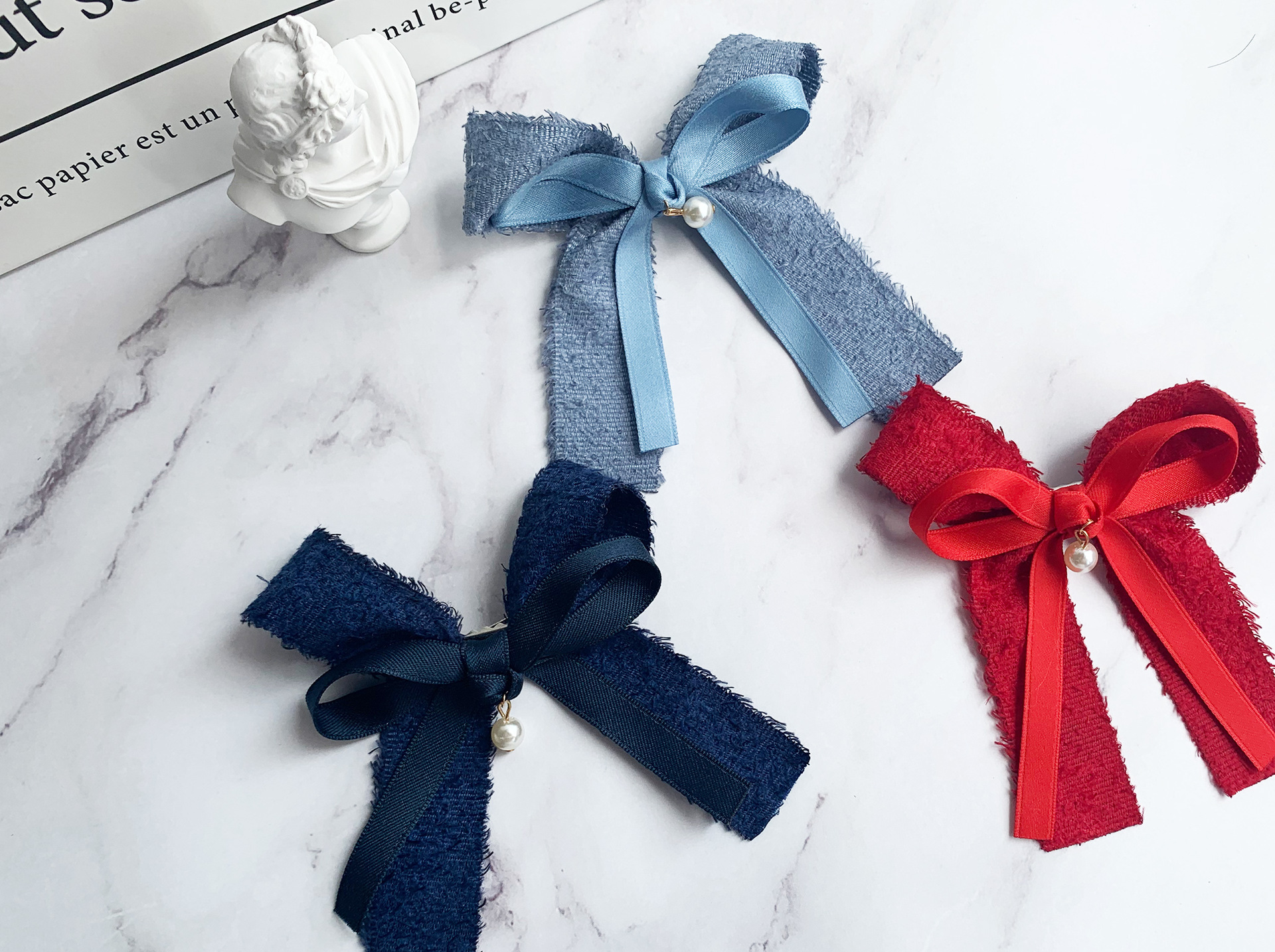 秋冬新款简约毛绒丝带双层三色长尾蝴蝶结发夹少女发卡发饰品