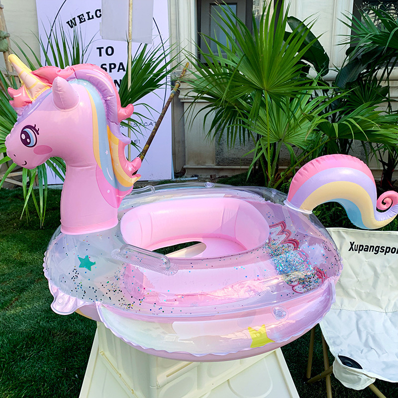 New Children's Pink Rainbow Horse Sequined Swimming Ring Inflatable Water Cute Unicorn Children's Sponge Bottom Seat Ring