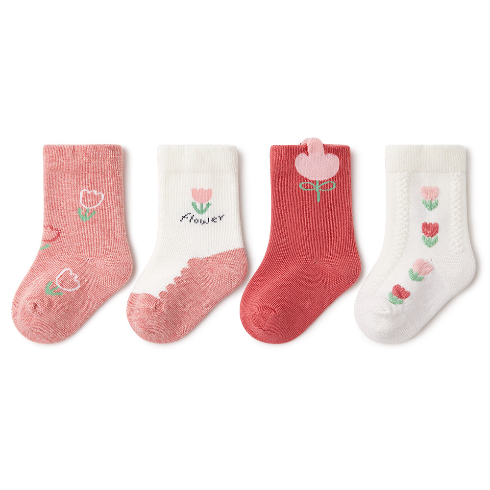 Baby & Kids Socks, 2023 Spring, Girl Socks, 4 Pack/Box - Cute Pattern