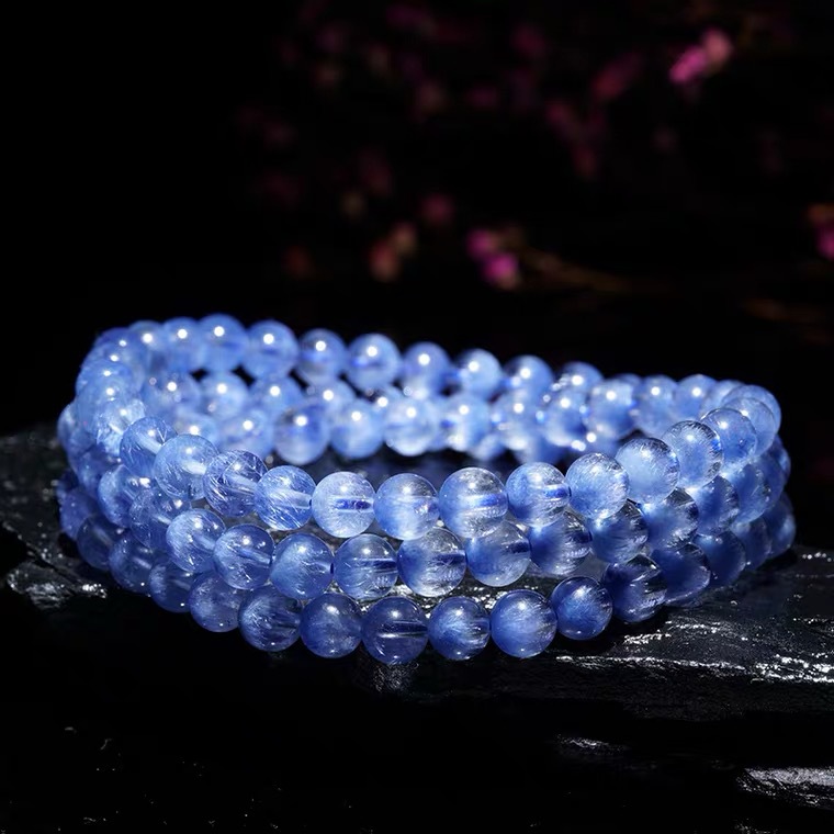 福晶源 天然蓝发晶蓝线石花水晶手链蓝绒晶手串三圈单圈巴西批发