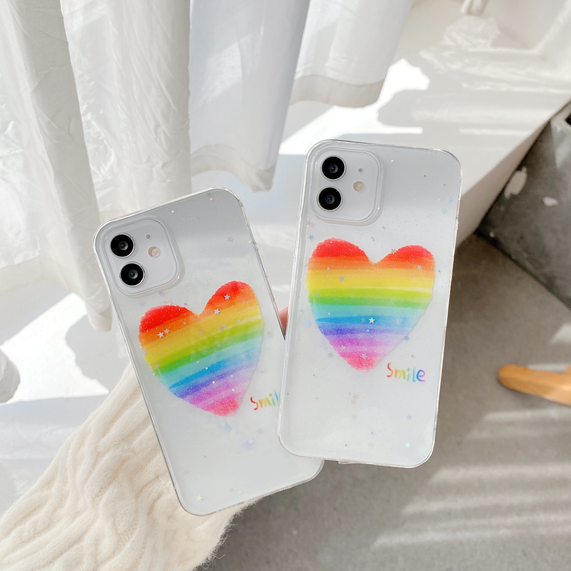 闪粉彩虹爱心适用iphone12promax苹果11手机壳xs/xr女8plus软壳7p